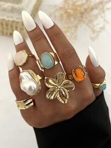 7pcs Vintage Elegant Bohemian Casual Women's Baroque Irregular Pearl Colorful Gemstone Flower Line Water Drop Heart Open Ring Set, Suitable For Women's Daily, Party, Beach, Date And Other Occasions, Perfect Gift Choice For Holidays - Gold - View 1