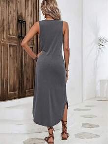 Sleeveless Tee Dress, Sparkling Heart Graphic Print, Casual Tank Dress For Women, Lightweight Polyester, Round Neck, Machine Washable, Spring & Summer Wear - 灰色 - 查看 2
