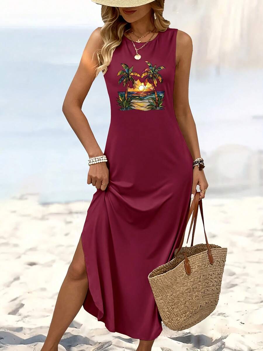 Imitation 2D Coconut Beach Pattern Printed Tank Dress 6424 - 粉色 - 查看 1