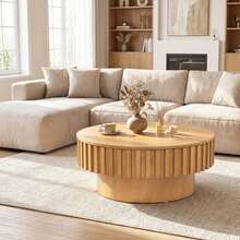 Round Coffee Table With Storage, Wooden Drum Coffee Table With Hidden Compartment - Natural - View 2