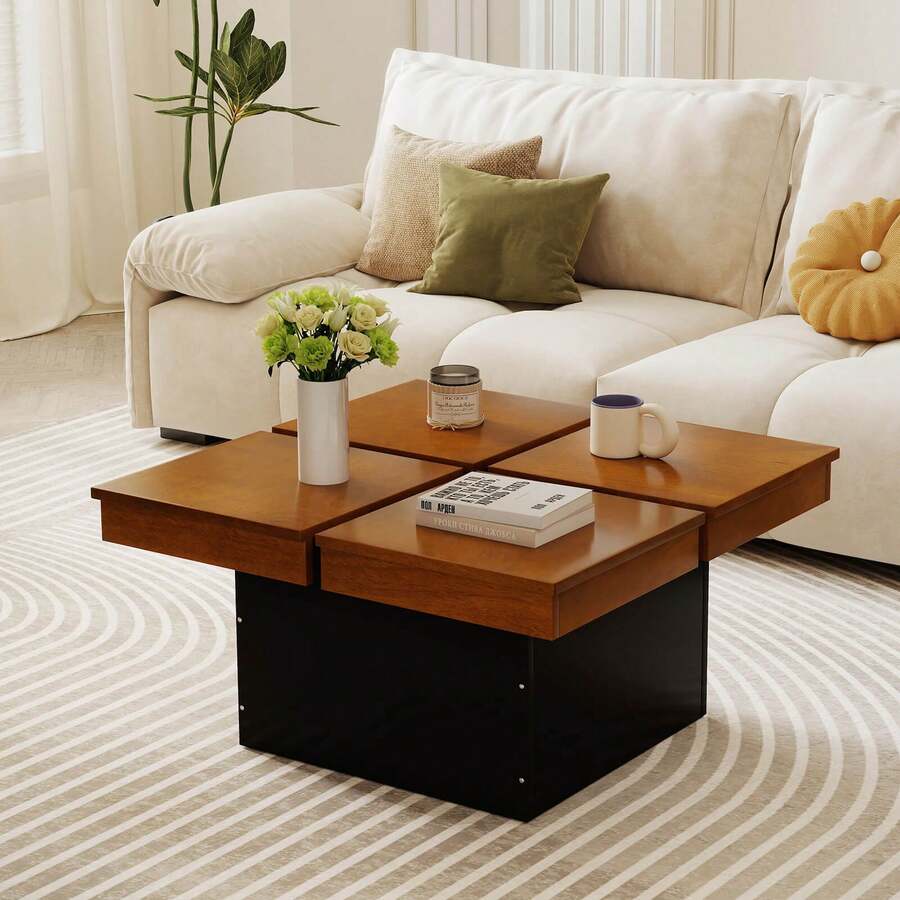 Square Coffee Table With Solid Wood Veneered Split Top Recessed Base For Apartment - 鐵鏽棕色和黑色 - 查看 1