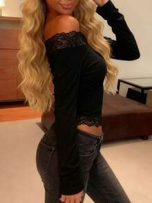 女士露肩蕾丝拼接修身休闲长袖上衣 - 黑色 - 查看 3