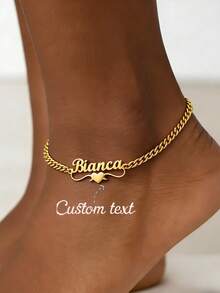 Customized Double Name Heart & Butterfly Pattern 5mm Cuban Link Anklet, Stainless Steel Adjustable Suitable For Women, Waterproof & Fade-Resistant Anklet, Birthday Gift For Her - Gold - View 2
