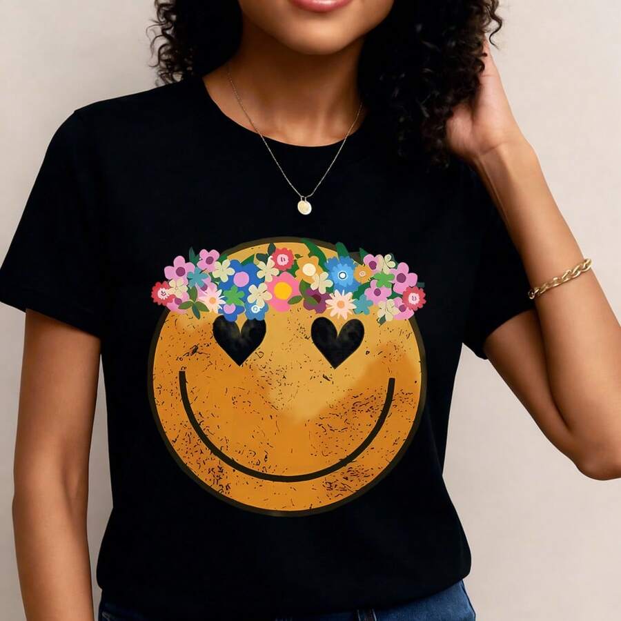 Camiseta deportiva casual para mujer con estampado floral creativo y sonriente, cuello redondo, mangas cortas, top cómodo de verano para las vacaciones- 1pcs, 180Gsm, 100% Cotton - Negro - Ver 1