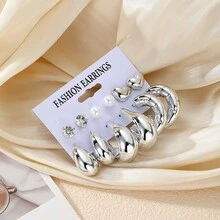 Bộ 12 chiếc khuyên tai kẹp hình trái tim 3D, giọt nước, hình chữ C, hình học bất đối xứng sang trọng, bộ khuyên tai thiết kế tối giản độc đáo cá tính cao cấp bán chạy nhất năm 2026, phù hợp để đeo hàng ngày. - Bạc - Xem 3