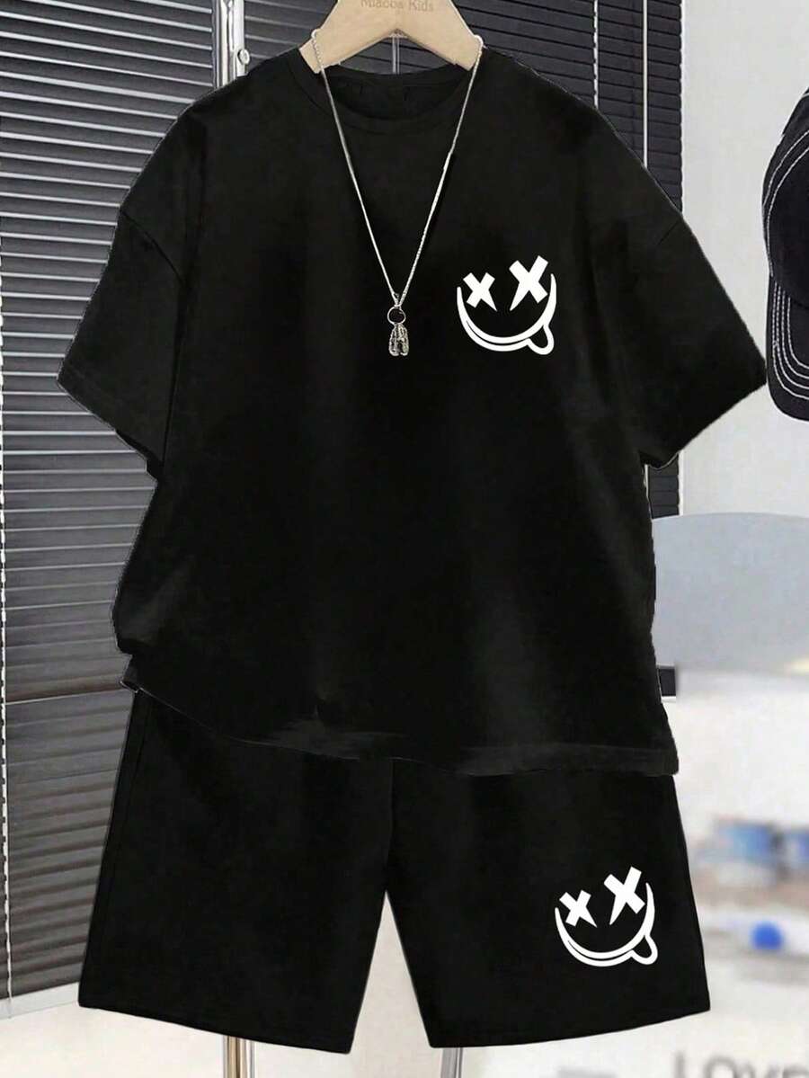 青少年男孩人脸印花圆领短袖T恤和短裤休闲日常穿搭 - 黑色 - 查看 1