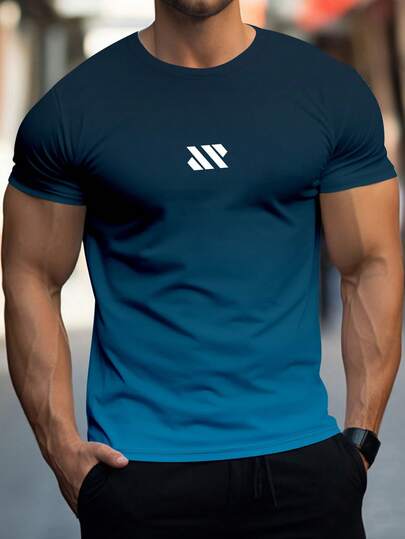 男士时尚圆领短袖运动T恤百搭舒适T恤夏春运动风服装渐变图案健身房健身服