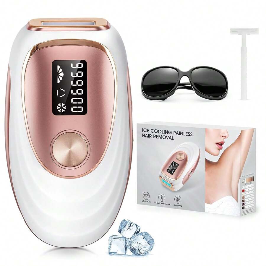 LYSMOSKI Laser Hair Removal Device, IPL Pulsed Light Hair Removal Device, With Ice Cooling System, Painless And Long-Lasting Hair Removal, Home Use, Suitable For Underarms, Back, Legs, Arms, Face, Bikini Line, Etc., Rose Gold. - 美規A型插(110-127V) - 查看 1
