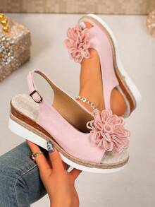 Casual Commute Floral Wedge Sandals For Women, Woven Rope Ankle Strap Open Toe Platform Slides - Pink - View 1