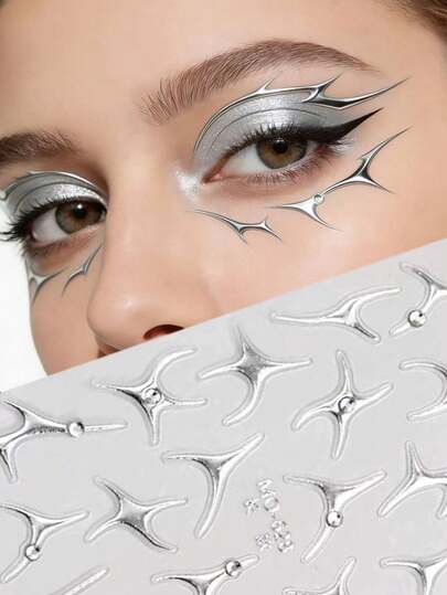 1张金属银色星爆脸部贴纸 - 赛博朋克Y2K风格妆容贴纸，防水临时纹身，适合万圣节、角色扮演、节日和狂欢派对，未来感外星人眼部装饰，易于粘贴和去除，持久闪亮脸部彩绘，适合女性和女孩