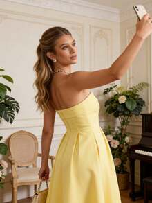 Women's Solid Color Strapless Long Dress - Elegant And Slim Fit Long Dress For Vacation, Suitable For Weddings, Music Festivals, Parties, Clubs, Evening Banquets, And Other Occasions. - Màu vàng - Xem 3