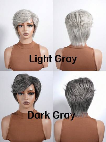 Tóc giả ngắn xoăn màu xám bạc với mái xéo dành cho nữ, hoàn hảo cho sử dụng hàng ngày và các bữa tiệc Halloween.