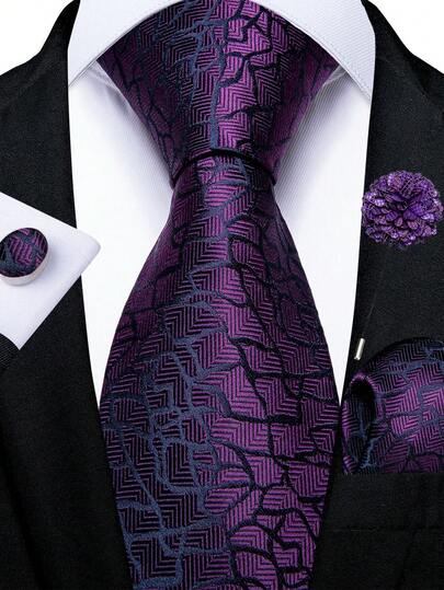 Juego de corbata de diseñador con flores moradas, pañuelo de bolsillo y gemelos, corbata de vestir premium para ocasiones formales