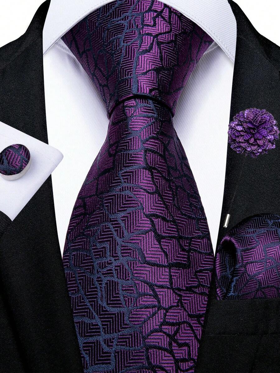 Men's Purple Floral Designer Tie Set With Pocket Square And Cufflinks Corsage, Premium Dress Tie For Formal Occasions - Purple - View 1