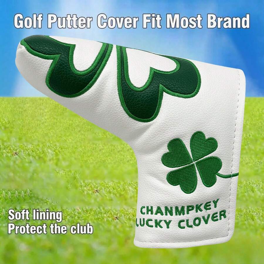 Bao bọc gậy golf họa tiết cỏ bốn lá xanh trắng tươi mát, thêu hình trái tim tinh tế, phù hợp với gậy putter thẳng/đầu búa, chất liệu da PU chống mài mòn và chống trầy xước, phụ kiện golf. - trắng - Xem 1