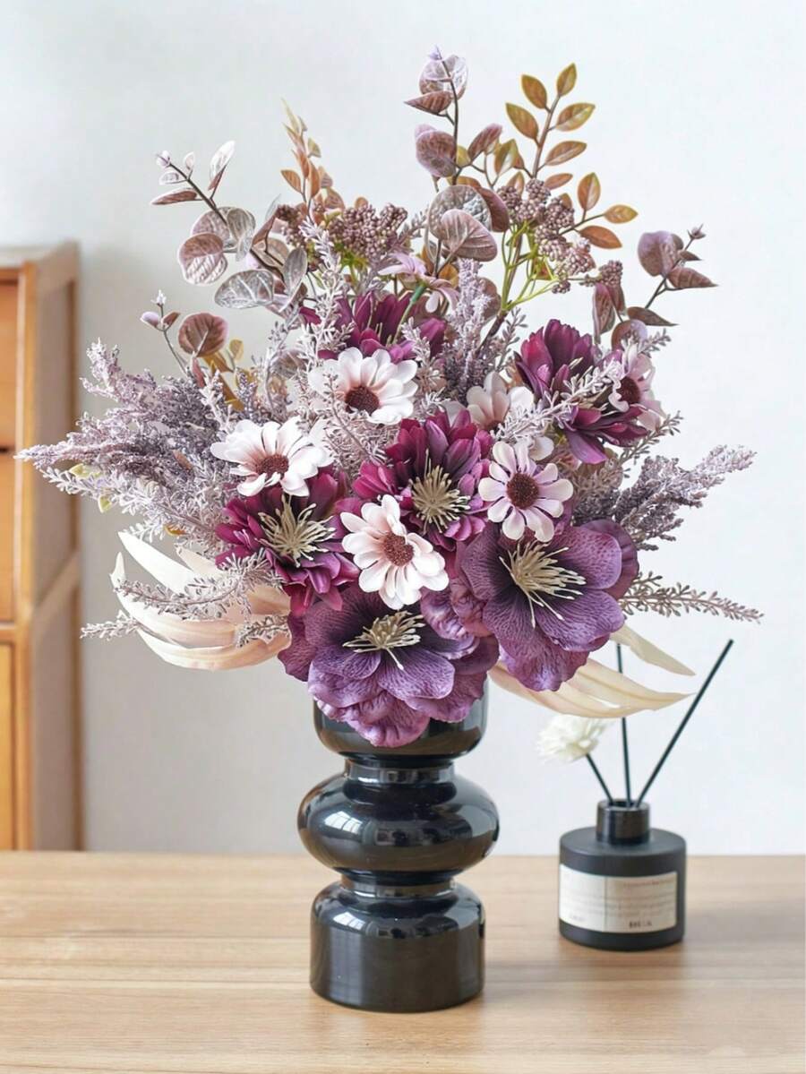 1束仿真银莲花和雏菊尤加利花束，触感逼真的银莲花花束，适用于花瓶、家居、酒店、婚礼餐桌中心装饰 - 紫色 - 查看 1