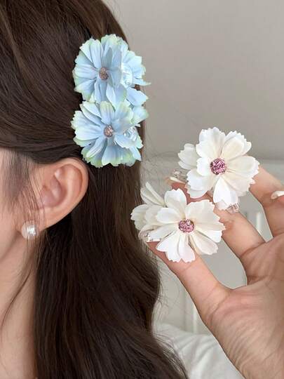 2pcs Women's Solid Color Double-Sided Floral Delicate Sweet Elegant Small Flower Hair Clips, Suitable For Daily Wear
