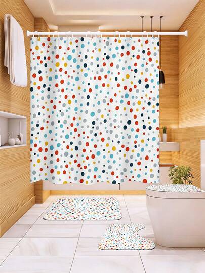 1/3/4pcs Set Minimalist Healing Colorful Polka Dot Bathroom Shower Curtain Set, 72in*72in - White Classic Pop Art Bubble Pattern Waterproof, Durable Bathroom Accessories - Includes Toilet Seat Cover, U-Shaped Toilet Mat And Non-Slip Floor Mat, Made Of Knitted Polyester Fabric - Washable, Mildew Resistant - Suitable For Spring, Home/Hotel/Single Apartment/Outdoor Camping/School Dormitory/Western/Holiday Bathroom Decor, Back To School Essential, Housewarming Gift, Mother's Day Gift, Best Gift For Art Lovers. [Comes With 12 Hooks]