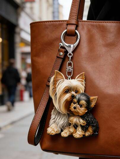 A Charming Pair Of Yorkshire Terriers And Puppies, Acrylic Bag Pendant,Acrylic Decoration Car Pendant,Family Keychain Bag Decoration ,Lobster Buckle Pendant,Earphone Pendant, Mobile Phone Shell Pendant- Perfect For Car Keys, Backpacks & Bags ,It Is Also A Good Choice For Giving Gifts,Mother'S Day Gift