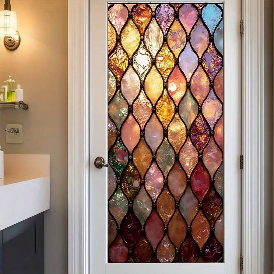 1/3/5pcs Colorful Geometric Pattern Glass Window Film, Removable Glue-Free Static Cling Frosted Privacy Decorative Sticker, Suitable For Bathroom Home Decor Window