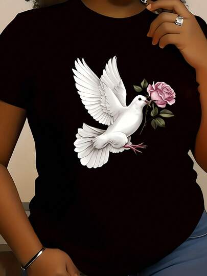 Plus Size Women's Round Neck Short Sleeves T Shirt With White Dove And Pink Rose Graphic Design Summer Vacation