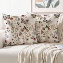 2 Stück Sofakissenbezüge, Frühlings-Blumen Outdoor Kissenbezüge mit Blumen, rosa, beige, grüne Blätter, Schmetterling Muster, dekorative Terrassenkissenbezüge ohne Füllung - Verschiedenfarbig - Übersicht 4