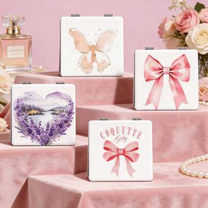 4 Gương bỏ túi in hình, Gương trang điểm gấp gọn nhỏ gọn dành cho nữ, Gương cầm tay nhẹ và di động với khung mạ bạc nano, Gương phóng đại hai mặt 1X/2X với họa tiết bướm hồng, trái tim tím oải hương và nơ hồng, Gương trang điểm gấp gọn màu pastel nhẹ nhàng, thẩm mỹ, thích hợp cho ví, du lịch, túi xách và trang điểm hàng ngày, Quà tặng lý tưởng cho phụ nữ, Phù hợp cho nhiều dịp, Quà tặng khuyến mãi, Quà tặng lý tưởng cho phụ nữ, Du lịch, Đồ dùng giá rẻ, Vật dụng cần thiết khi đi du lịch