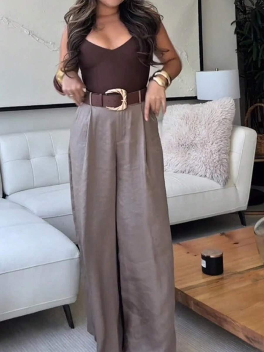 Seelio Summer New Arrival Women's Fashion Loose Fit Satin Feel Wide Leg Pants With Belt, European And American Style Spring - Khaki - View 1