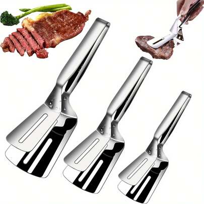 Professional-Grade Stainless Steel Double-Sided Spatula With Grooves - Heavy-Duty Non-Slip Handle, Suitable For Flipping Steaks, Fish, Pizza, And Grilling And Frying Tool, Ideal For Chefs And Professional Kitchens