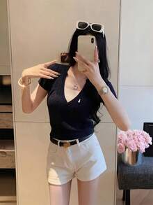 Women's Short Sleeve T-Shirt, Summer New 2 In 1 Design Fitted Casual Sweet Knit Top - Navy Blue - View 6