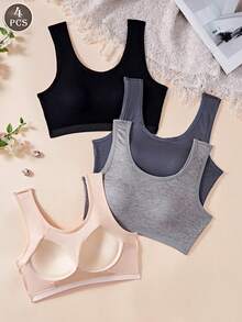 4PCS Summer Women Wireless Fixed U-Cup Bras, One-Piece Back Support Design, Solid Color Simple Casual Sporty Intimates, Comfy For Daily Home Wear - Multicolor - View 1