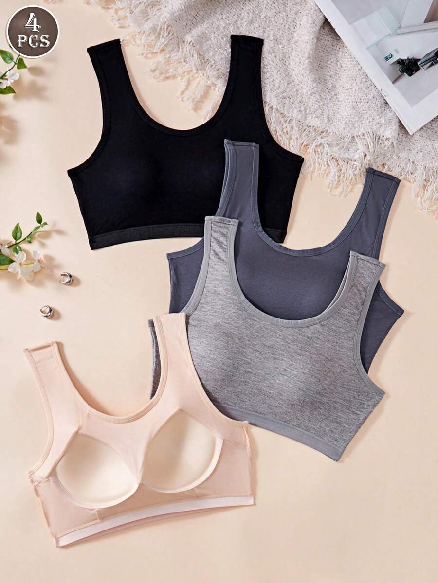 4PCS Summer Women Wireless Fixed U-Cup Bras, One-Piece Back Support Design, Solid Color Simple Casual Sporty Intimates, Comfy For Daily Home Wear - Multicolor - View 1