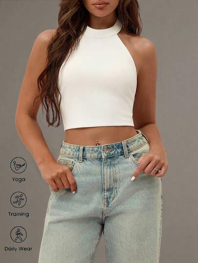 Leadlive 新款夏季休闲露背吊带背心，女士白色运动背心，修身舒适，短款，无袖，露背，女士上衣，运动，健身，瑜伽，训练，日常穿着