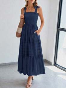 Women's Boho A-Line Maxi Dress, Summer Sleeveless Tie Shoulder Smocked High Waist Long Sundress With Pockets, Casual Dress For Beach Vacation & Holiday Outings - 藏蓝色 - 查看 4
