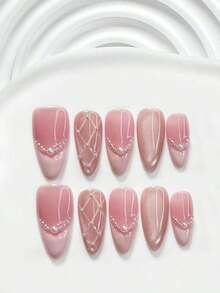 10pcs/Set Valentine's Day Handmade Nail Art Kit, Includes White Flower & Bow Decor, White & Red Gel Nails, French Polka Stickers, Heart Painting, Silver Beads Embedded, 3 Sizes Available: Almond/Square/Coffin Shape, With Set, Suitable Sweet Ladies & Girls, Valentine's Day/Party/Daily Wear Nail Supplies Handmade Press On Nails - 多色 25 - 查看 4