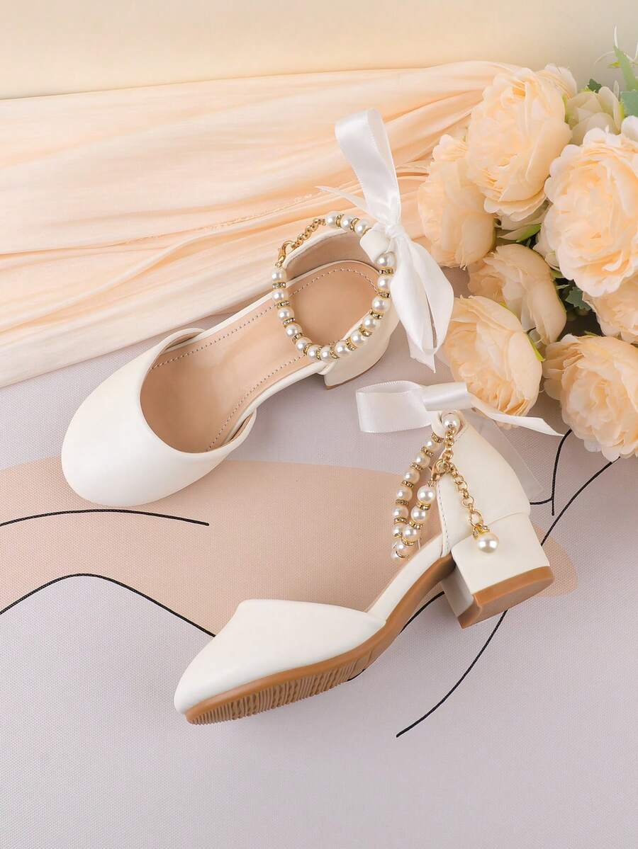 Flower Girl Shoes For Wedding, Party, Holiday, Suitable For Toddler, Little And Big Girls, Classic Comfortable Versatile White Pearl Bow Tie Flat Dress Shoes, Formal Occasion, Performance, Ballet, Princess Pumps - White - View 1