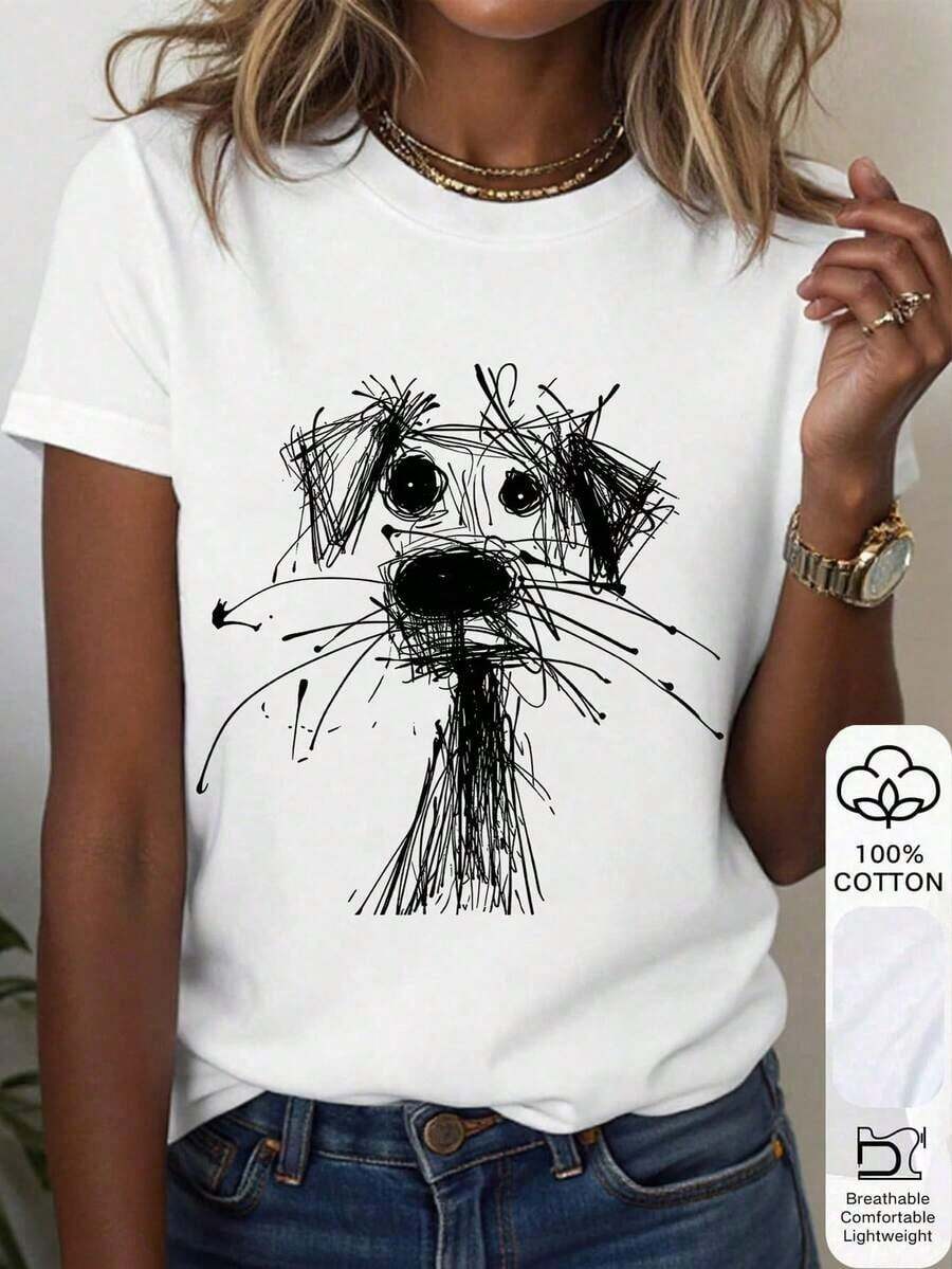 Camiseta casual de manga corta con cuello redondo para mujer, con estampado de dibujos de perros, versátil para el verano. - Blanco - Ver 1