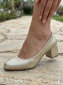Women's Medium Block Heel Pump With Pointed Toe, Comfortable, Dressy, Casual, And Modern. - Gold - View 12