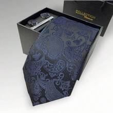 DOZE GOLDEN Premium Quality Traditional Tie Set For Events And Weddings. - 11 Azul y negro - Ver 3
