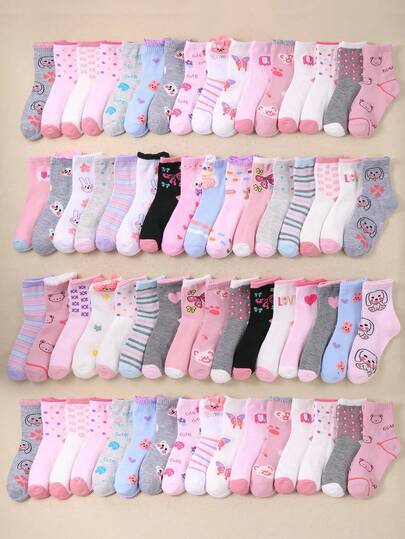 20 Pairs Girls' Pink Sports Socks, Soft & Comfortable, Breathable Mid-Calf Socks, New Spring/Summer Style, Essential For School, Featuring Floral, Animal & Assorted Patterns, Suitable For Daily Life & Activities, Random Styles