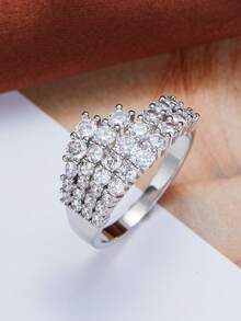 1 pieza Anillo de diseño de línea de circonita cúbica minimalista, Anillo de plata para mujer, Accesorio de boda nupcial, Nueva joyería de moda para fiesta - Plateado - Ver 8