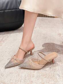 Xin Jing Shoes Women's Elegant Rhinestone Bow Mesh Sexy Fashion Net Yarn One-Strap Commuting Mid-Heel Shoes - Khaki - View 6