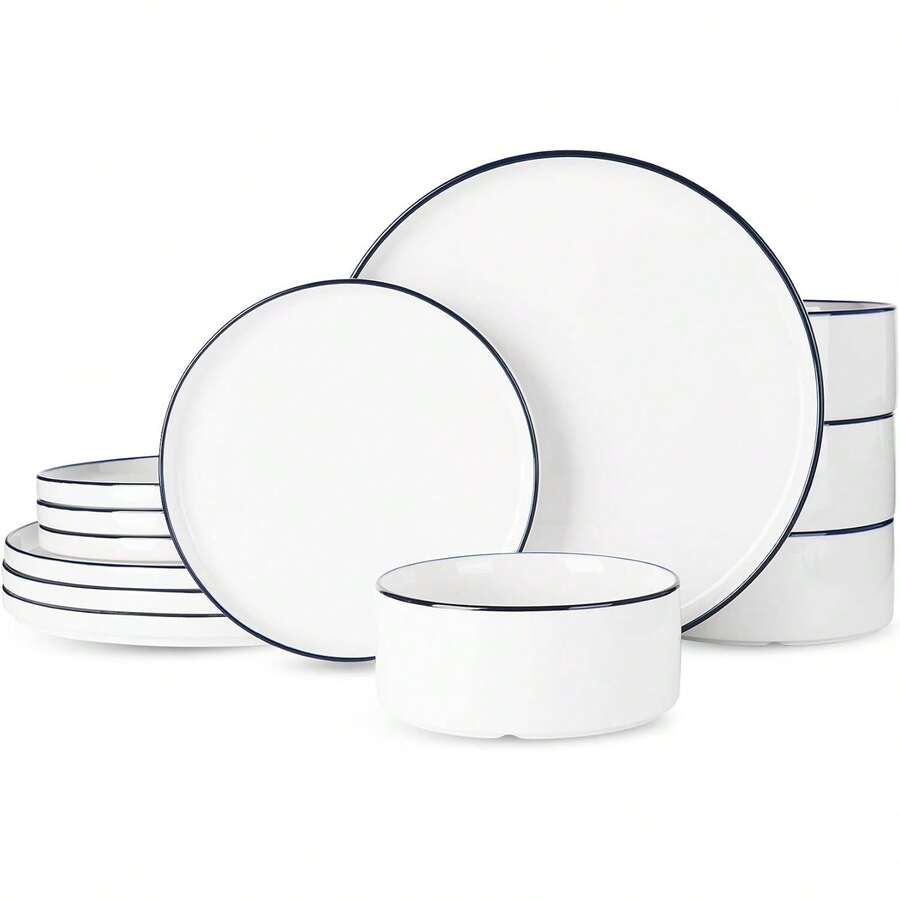 Dinnerware Set 18-Piece, Porcelain Service 6, Plate Set With Modern Raised, Microwave & Dishwasher , White CDPY - Màu trắng với viền xanh đậm - Xem 1