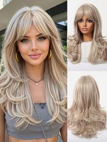 20英寸中长款层次感波浪假发，带刘海，灰金色挑染，耐热合成纤维假发，适合女性日常及节日佩戴 - 淺灰色 - 查看 2