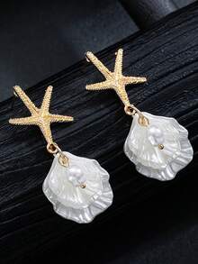 1 Đôi bông tai kiểu Bohemian thời trang làm từ hợp kim hình sao biển, ngọc trai giả, vỏ sò và quạt, thích hợp cho kỳ nghỉ biển và đeo hàng ngày. - Bông tai hợp kim hình đại dương - Xem 6