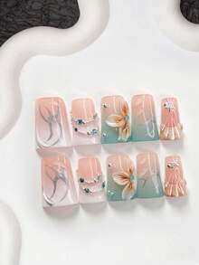 10件套神秘海洋风手工美甲套装，包含凝胶美甲套装、海星、链条、蓝色钻石美甲装饰、手工花瓣、贝壳纹理美甲装饰、粉色和蓝绿色指甲油，风格优雅，附赠美甲工具（1个果冻贴纸+1个指甲锉），三种尺寸适合杏仁形、鸭嘴形、棺材形指甲，适合派对、日常、活动、摄影、春夏通勤等场合。 - 彩色 - 查看 12