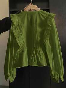 ii Blusa de manga larga con volantes, parches de encaje y unicolor casual para primavera - Verde militar - Ver 4
