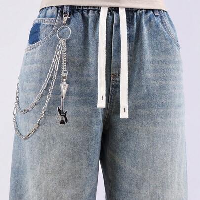 1pc Versatile Street Hip-Hop Style Metal Double-Layer Pant Chain, Retro Personalized Jeans Skirt Waist Chain With Guitar Pendant
