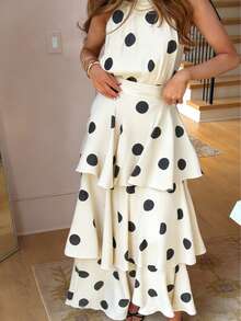 Women's Elegant Polka Dot Sleeveless Shirred Waist Layered Ruffled Dress, Bohemian Style, Spring/Summer - Champagne - View 3