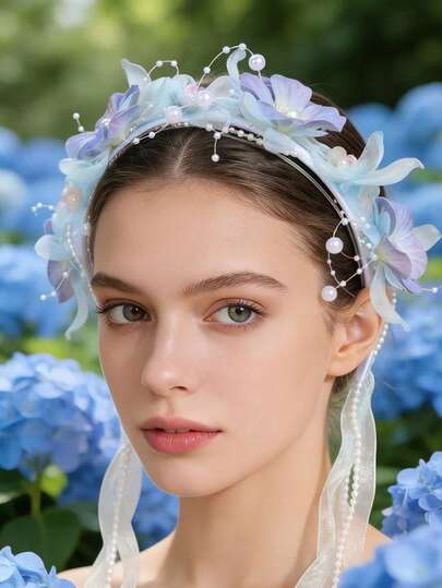 1pc Ethereal Flower Crown With Long Ribbons Hair Band, New Fairy Style Headband, Non-Tight Flyaway Hair Accessory